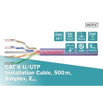 DIGITUS CAT6 Utp 23AWG Mor 500m Makara Saf Bakır Kablo 0.50mm DK-1613-VH-5