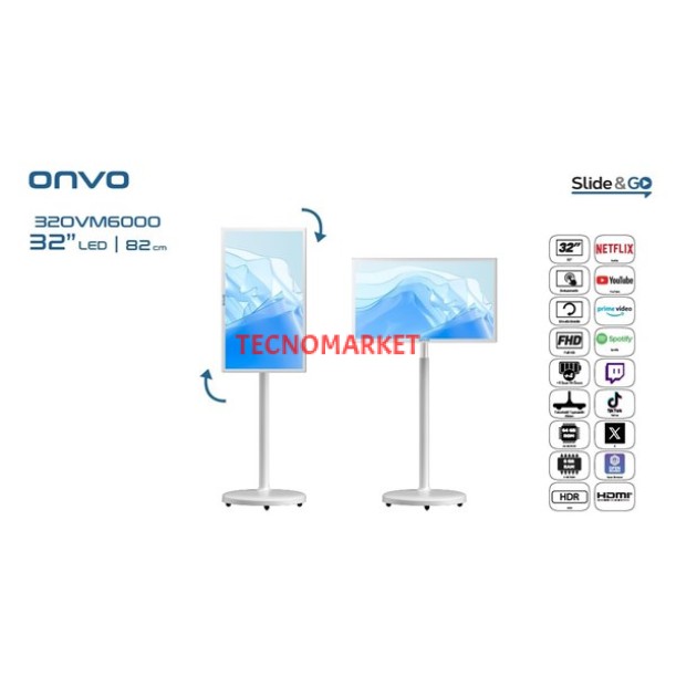 ONVO 32" Dokunmatik 32OVM6000 Ev Ofis Tipi Hareketli 6GB RAM -64GB ROM- Videowall Cihazı Bataryalı Beyaz