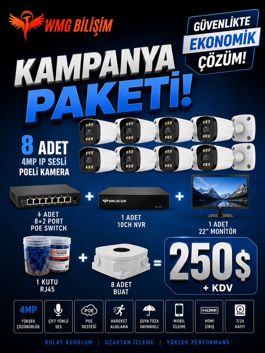 8 adet 4 mp sesli poeli kamera seti